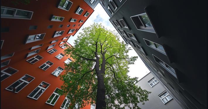 Baum in einem Innenhof zwischen Häusern
