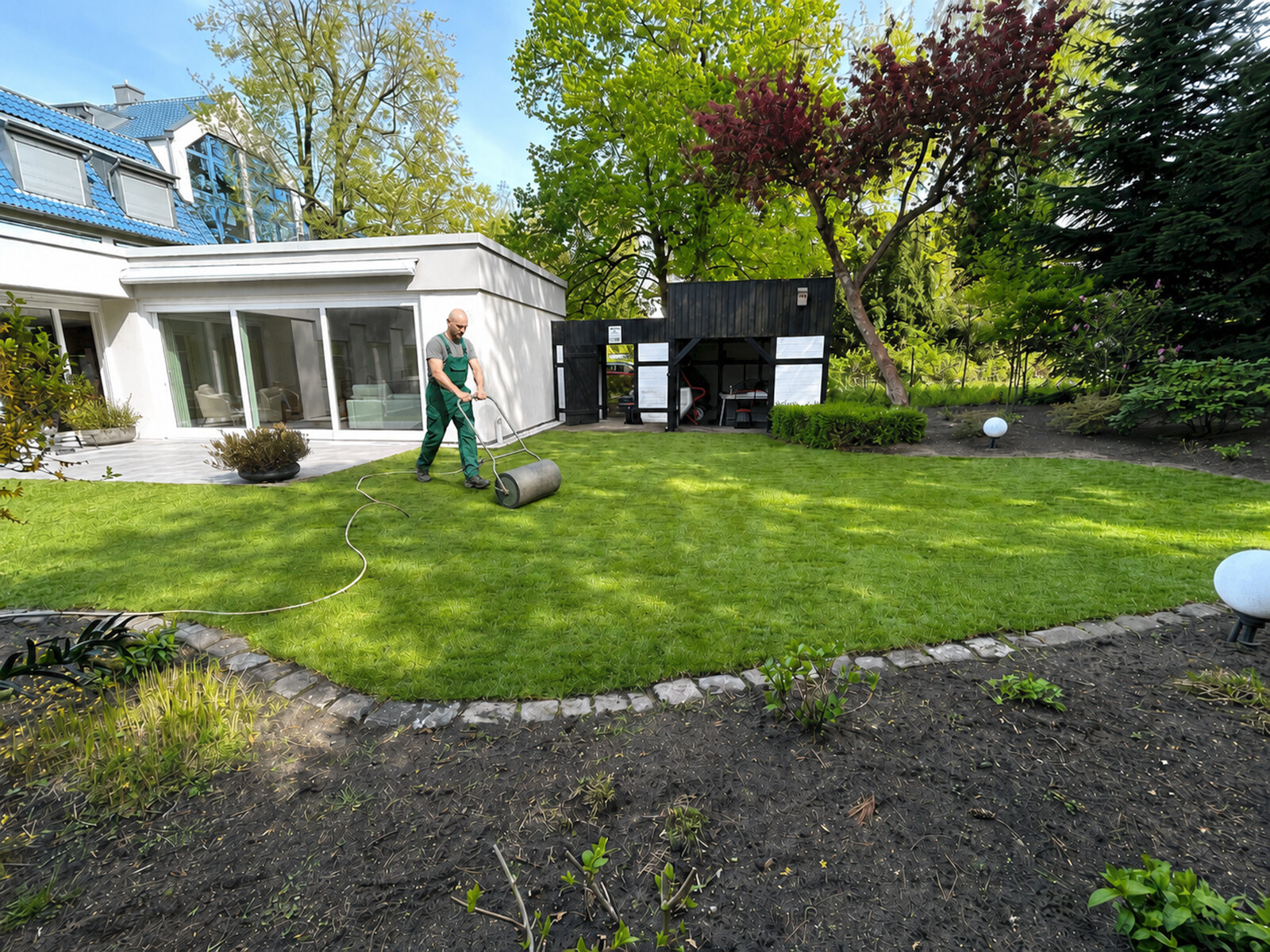 Walzen von Rollrasen nach verlegen Gartenpflege beim Walzen von frisch verlegten Rollrasen im Hausgarten