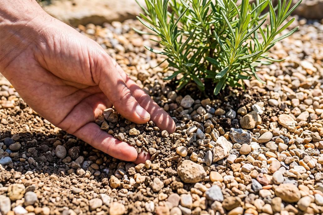 durchlässiger Gartenboden durchlässiger Gartenboden aus Kieselsteinen beim Rosmarin im