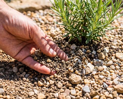 durchlässiger Gartenboden aus Kieselsteinen beim Rosmarin im