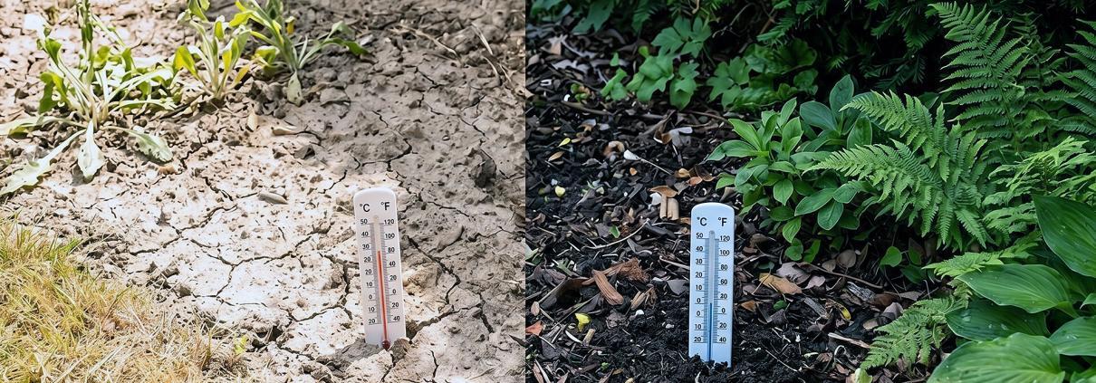 Trockener, heißer Gartenboden im Vergleich zu einem kühleren, schattigen Pflanzbereich unter Gehölzen.
