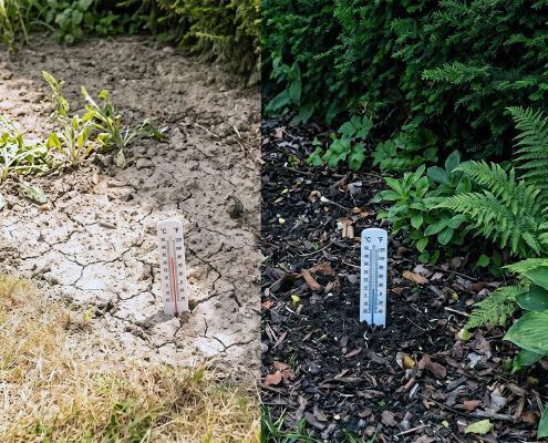 Trockener, heißer Gartenboden im Vergleich zu einem kühleren, schattigen Pflanzbereich unter Gehölzen.