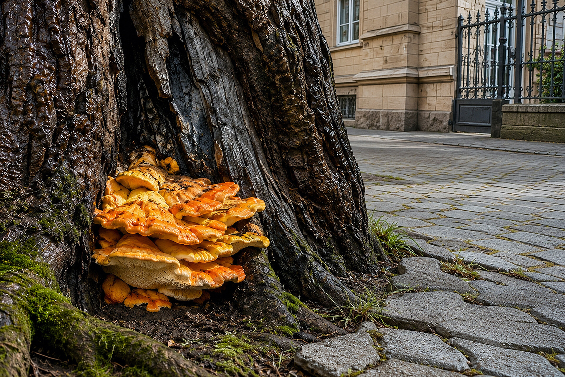 ein Baum befallen durch den Schwefelporling Baumpilz